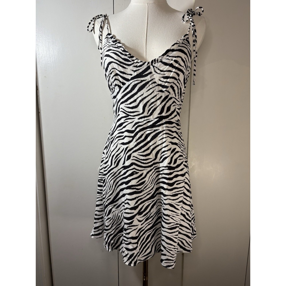 Miou Muse Women's S Cami Mini dress Black & White Zebra Lined Tie Shoulder Y2K